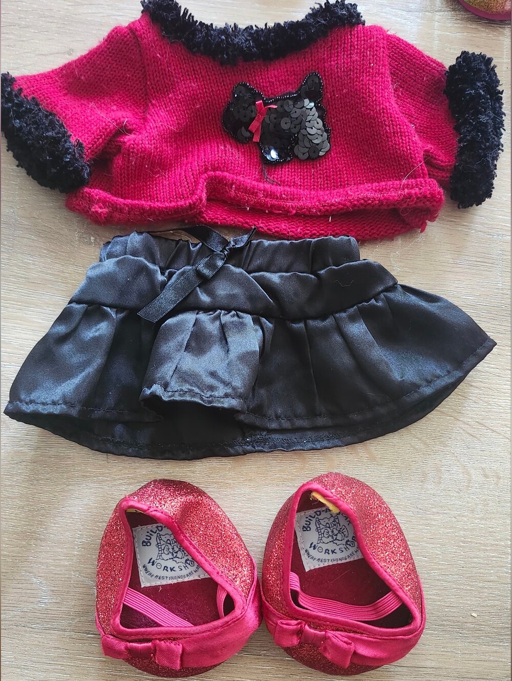 Build A Bear Workshop 3 Piece Red And Black Outfit Shirt, Skirt, Sparkley Shoes